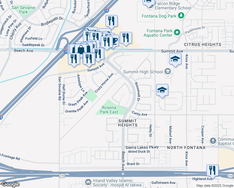 map of restaurants, bars, coffee shops, grocery stores, and more near 5967 Creekside Drive in Fontana