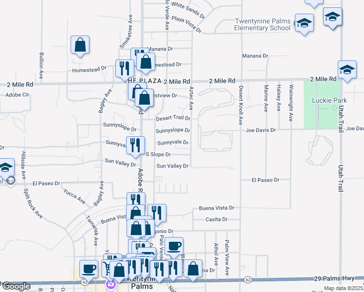 map of restaurants, bars, coffee shops, grocery stores, and more near 73843 Sunnyvale Drive in Twentynine Palms