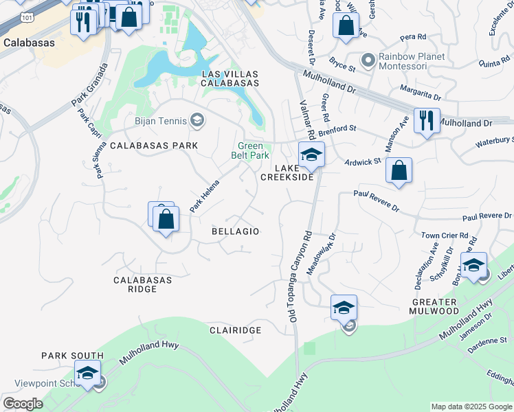 map of restaurants, bars, coffee shops, grocery stores, and more near 23123 Park Terra in Calabasas