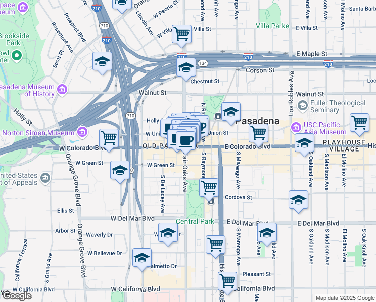 map of restaurants, bars, coffee shops, grocery stores, and more near 1 North Fair Oaks Avenue in Pasadena