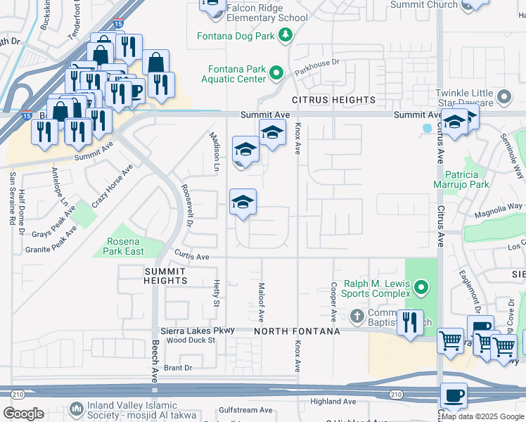 map of restaurants, bars, coffee shops, grocery stores, and more near 15601 Peak Lane in Fontana
