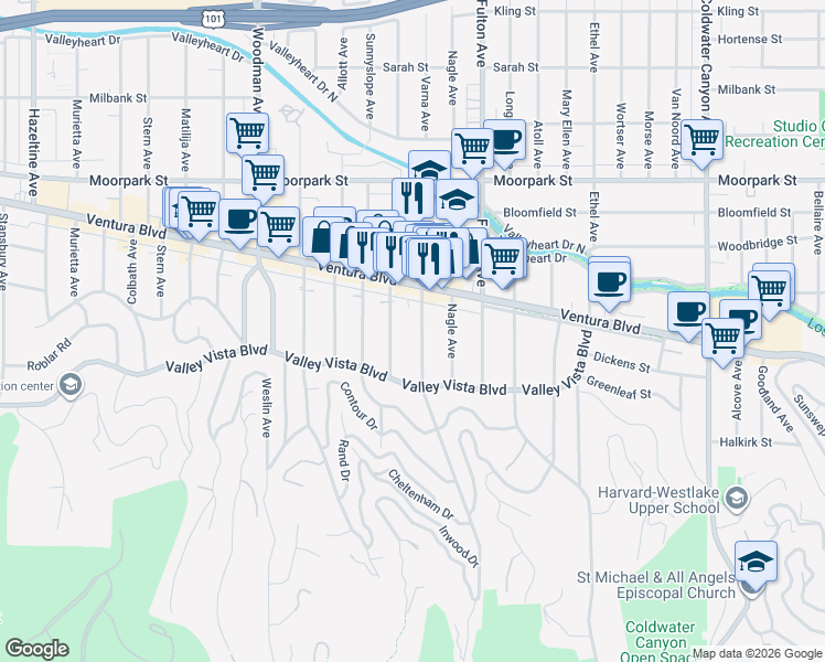 map of restaurants, bars, coffee shops, grocery stores, and more near 4161 Dixie Canyon Avenue in Los Angeles