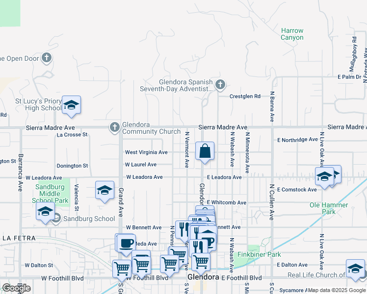 map of restaurants, bars, coffee shops, grocery stores, and more near 609 North Vermont Avenue in Glendora