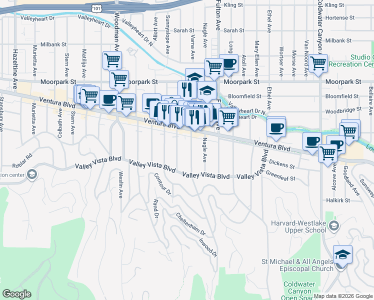 map of restaurants, bars, coffee shops, grocery stores, and more near 4161 Dixie Canyon Avenue in Los Angeles