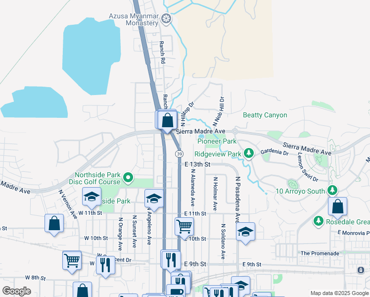 map of restaurants, bars, coffee shops, grocery stores, and more near 1338 North Azusa Avenue in Azusa
