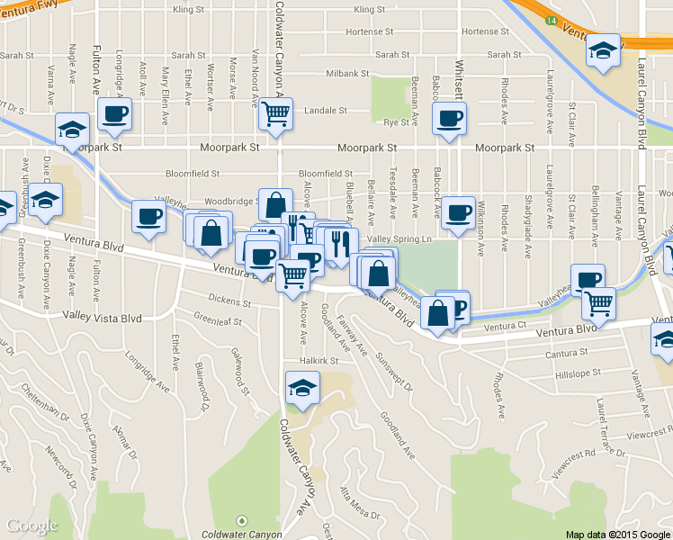 map of restaurants, bars, coffee shops, grocery stores, and more near 12745 Ventura Blvd in Studio City