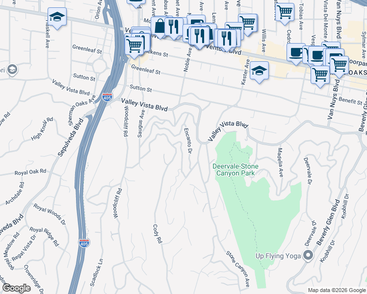 map of restaurants, bars, coffee shops, grocery stores, and more near 15075 Rayneta Drive in Los Angeles