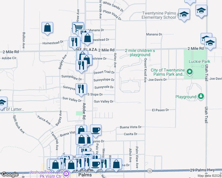 map of restaurants, bars, coffee shops, grocery stores, and more near 73843 Sunnyvale Drive in Twentynine Palms
