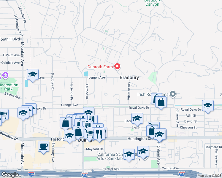 map of restaurants, bars, coffee shops, grocery stores, and more near 1462 Lemon Avenue in Bradbury