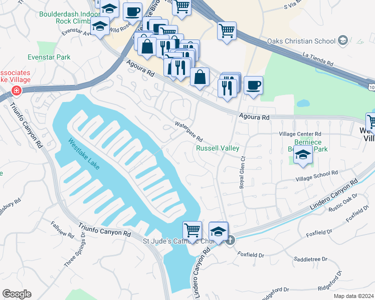 map of restaurants, bars, coffee shops, grocery stores, and more near 32145 Lake Meadow Lane in Westlake Village