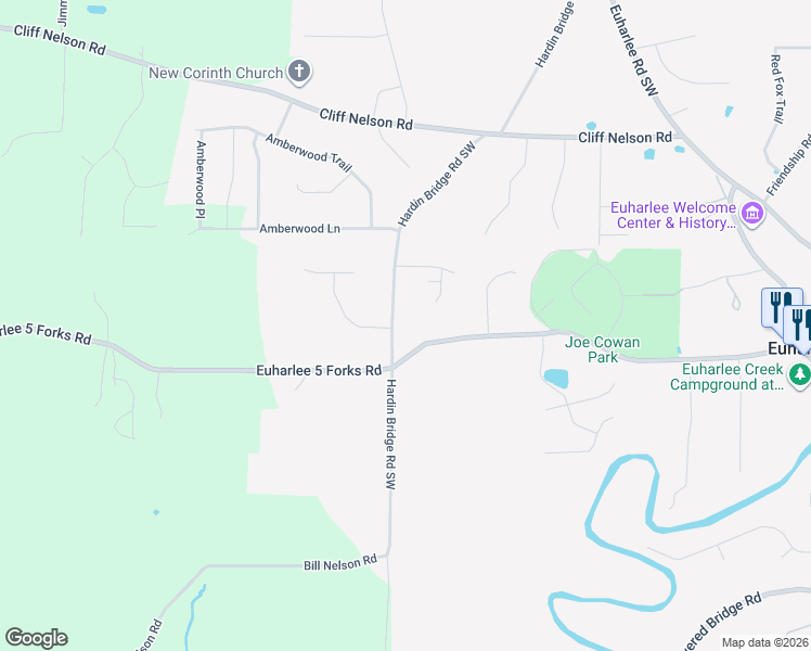 map of restaurants, bars, coffee shops, grocery stores, and more near 1227 Hardin Bridge Road in Euharlee