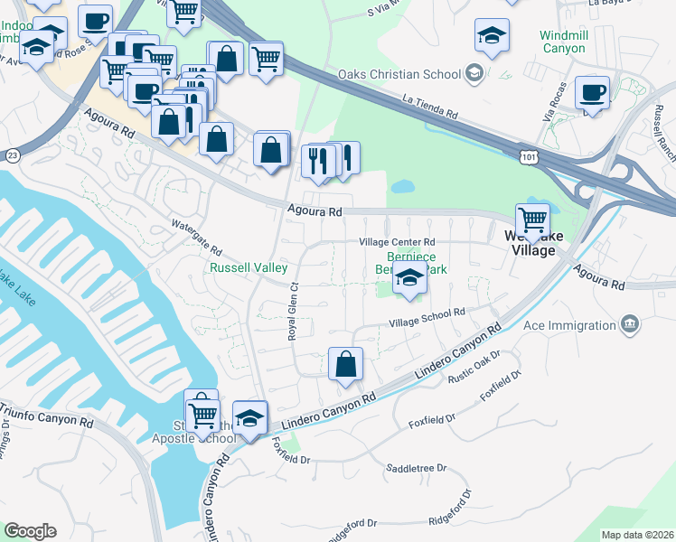 map of restaurants, bars, coffee shops, grocery stores, and more near 4411 Regents Court in Westlake Village