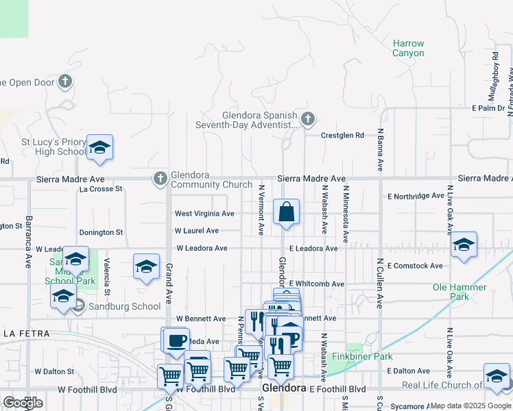 map of restaurants, bars, coffee shops, grocery stores, and more near 609 North Vermont Avenue in Glendora