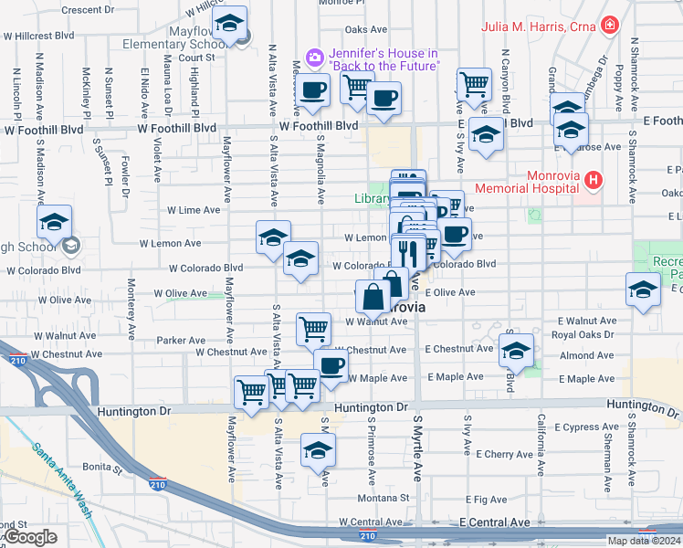 map of restaurants, bars, coffee shops, grocery stores, and more near 232 West Colorado Boulevard in Monrovia