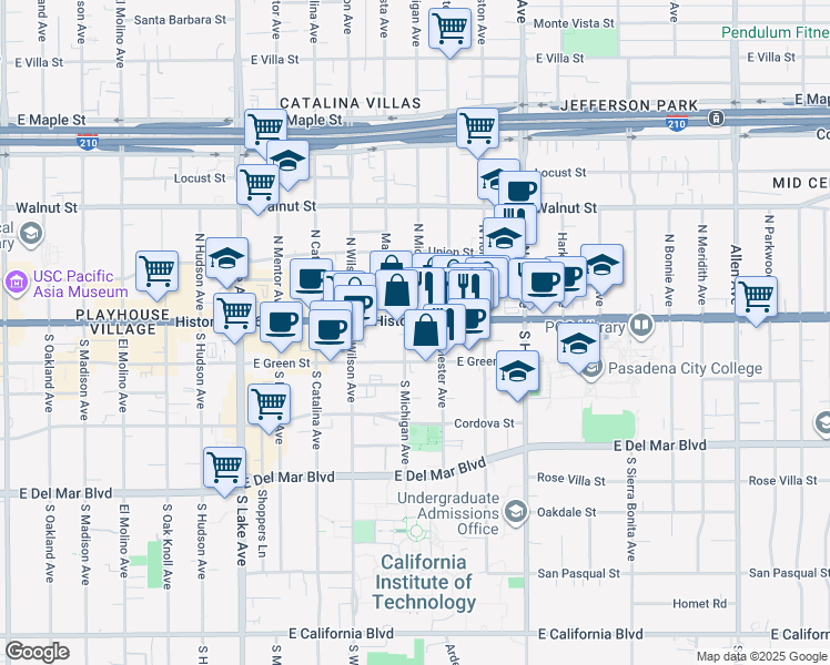 map of restaurants, bars, coffee shops, grocery stores, and more near 1227 East Colorado Boulevard in Pasadena