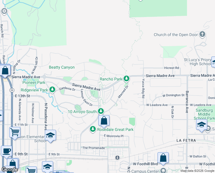 map of restaurants, bars, coffee shops, grocery stores, and more near 791 East Wilsford Way in Azusa