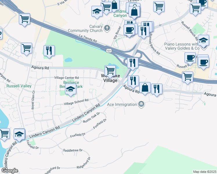 map of restaurants, bars, coffee shops, grocery stores, and more near 31535 Lindero Canyon Road in Westlake Village