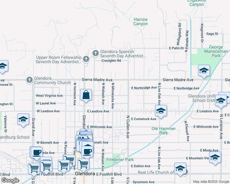 map of restaurants, bars, coffee shops, grocery stores, and more near 630 North Minnesota Avenue in Glendora