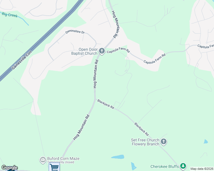 map of restaurants, bars, coffee shops, grocery stores, and more near 5565 Hog Mountain Road in Flowery Branch