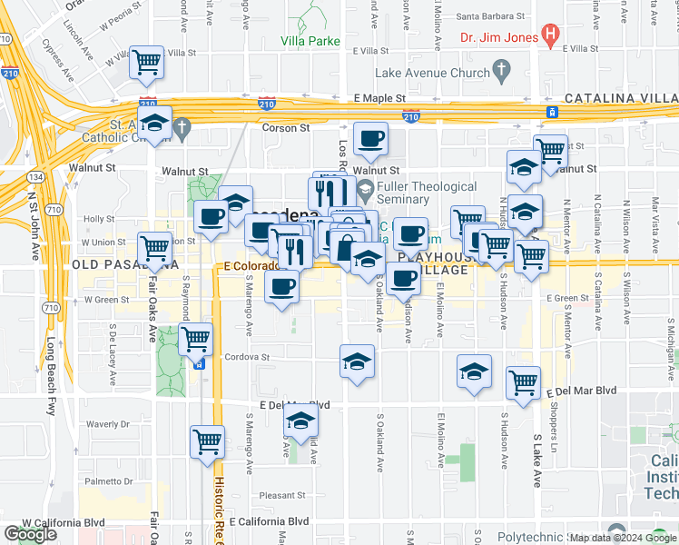 map of restaurants, bars, coffee shops, grocery stores, and more near 39 South Los Robles Avenue in Pasadena
