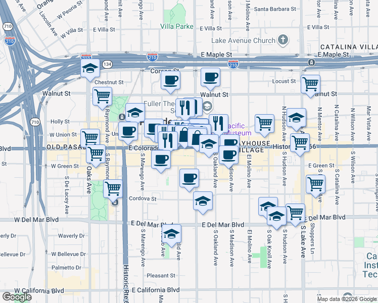 map of restaurants, bars, coffee shops, grocery stores, and more near 39 South Los Robles Avenue in Pasadena
