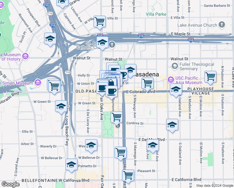 map of restaurants, bars, coffee shops, grocery stores, and more near 65 East Colorado Boulevard in Pasadena