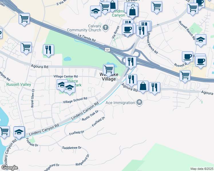 map of restaurants, bars, coffee shops, grocery stores, and more near 31535 Lindero Canyon Road in Westlake Village