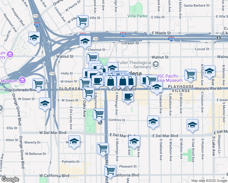 map of restaurants, bars, coffee shops, grocery stores, and more near 150 East Colorado Boulevard in Pasadena