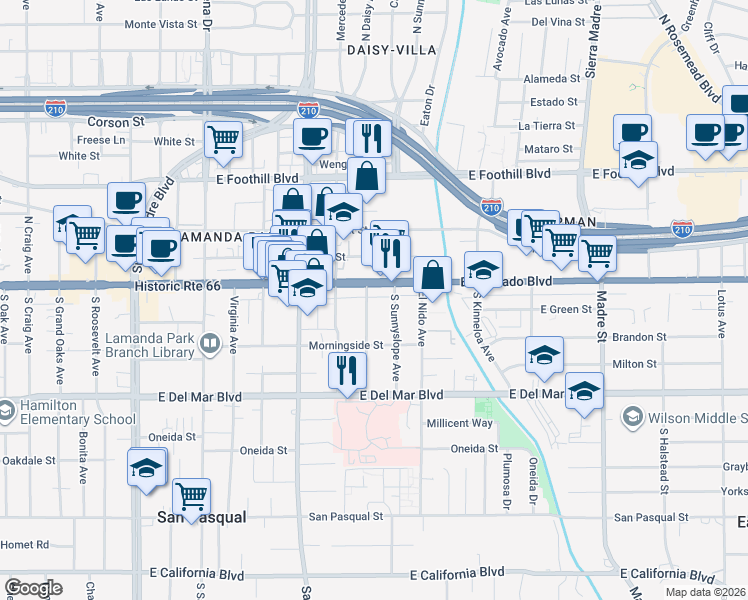map of restaurants, bars, coffee shops, grocery stores, and more near 30 Eastern Avenue in Pasadena