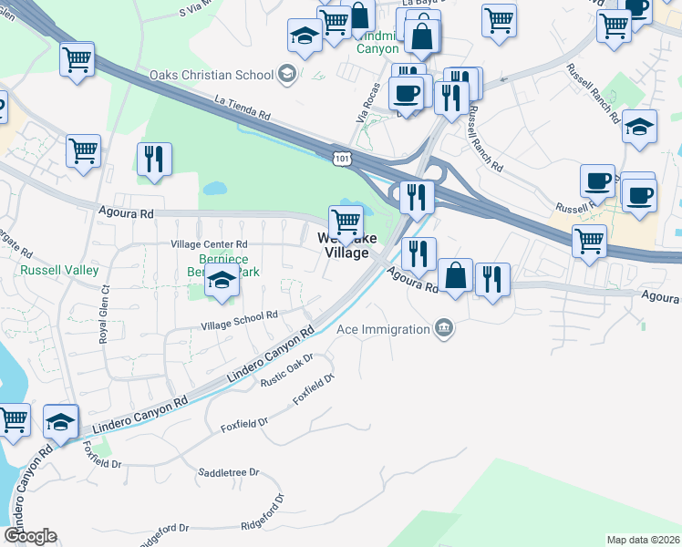 map of restaurants, bars, coffee shops, grocery stores, and more near 31577 Lindero Canyon Road in Westlake Village