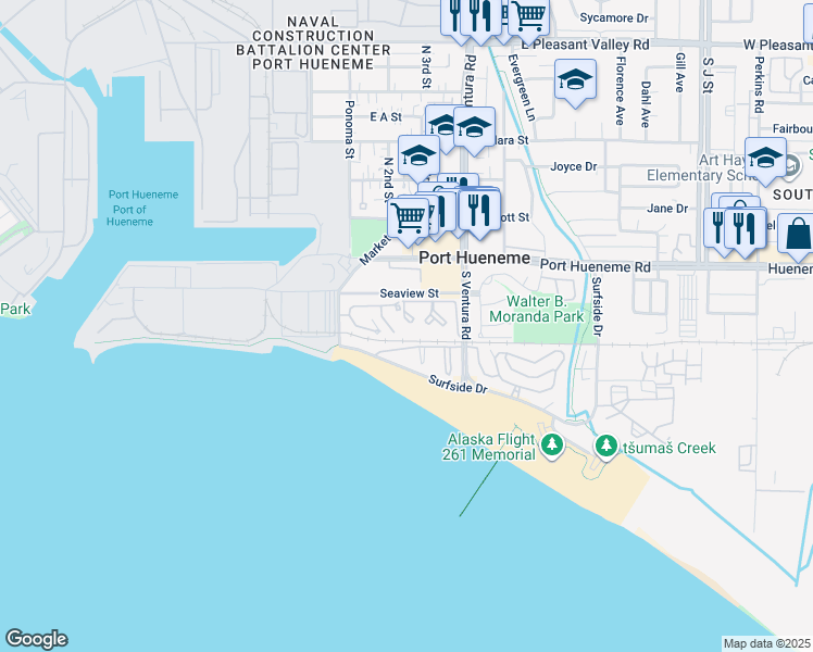map of restaurants, bars, coffee shops, grocery stores, and more near 271 South Ventura Road in Port Hueneme