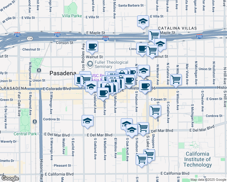 map of restaurants, bars, coffee shops, grocery stores, and more near 647 East Colorado Boulevard in Pasadena