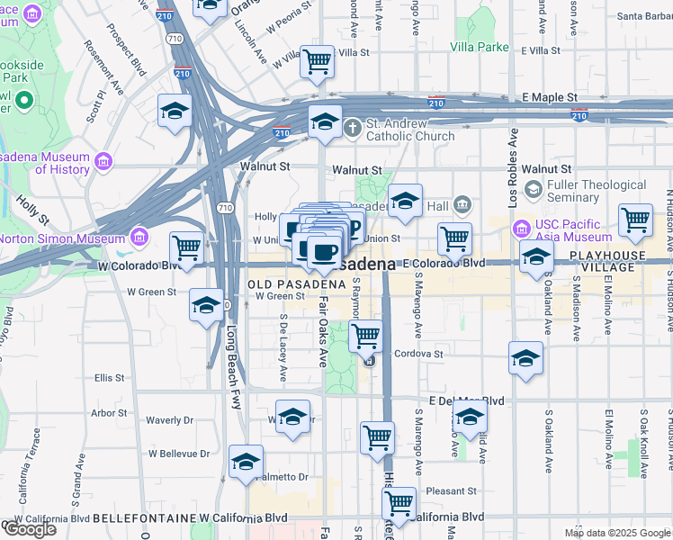 map of restaurants, bars, coffee shops, grocery stores, and more near 1 North Fair Oaks Avenue in Pasadena