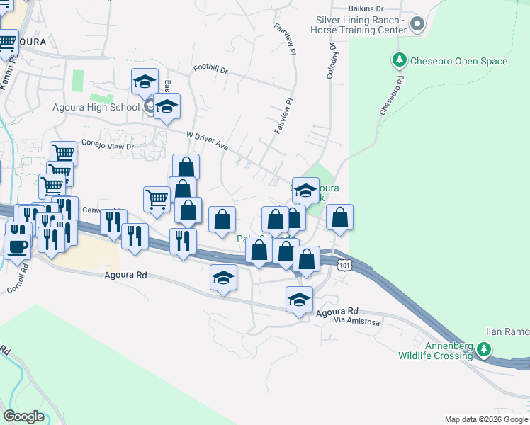 map of restaurants, bars, coffee shops, grocery stores, and more near 5321 Colodny Drive in Agoura Hills