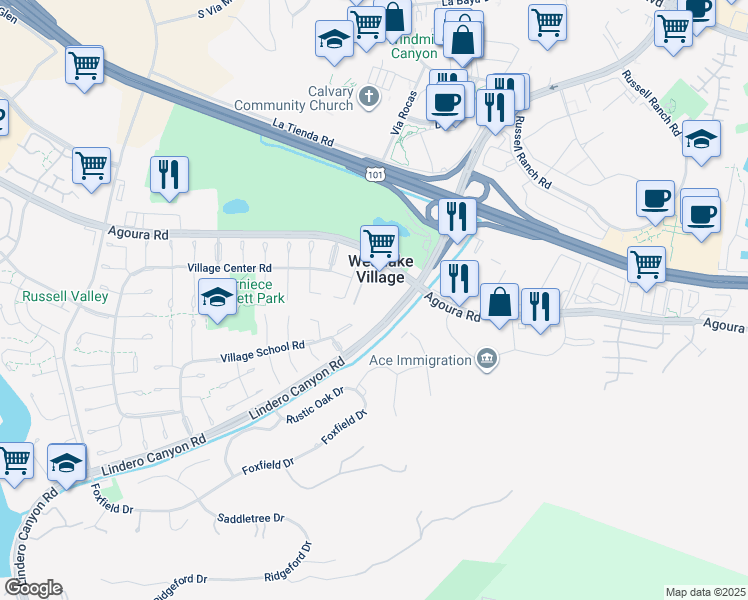 map of restaurants, bars, coffee shops, grocery stores, and more near 31564 Agoura Road in Westlake Village