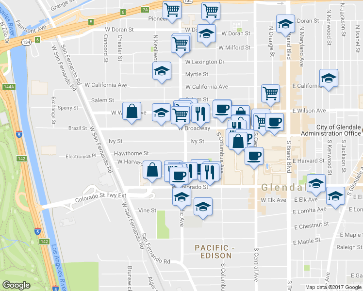 map of restaurants, bars, coffee shops, grocery stores, and more near 500 Ivy Street in Glendale