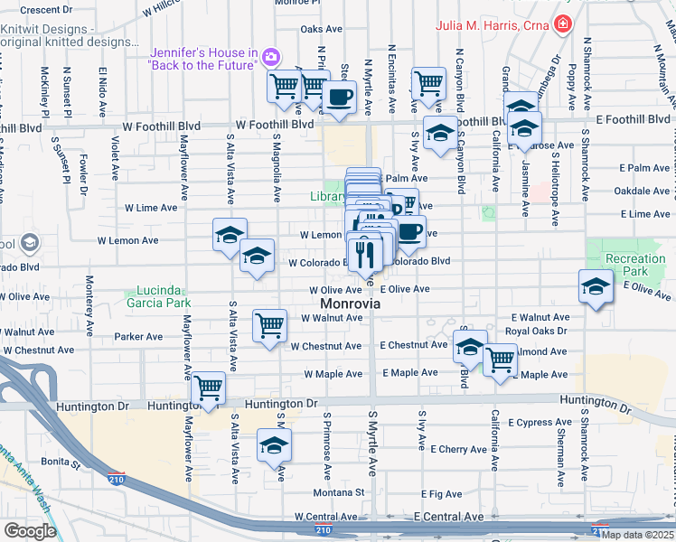 map of restaurants, bars, coffee shops, grocery stores, and more near 150 West Colorado Boulevard in Monrovia