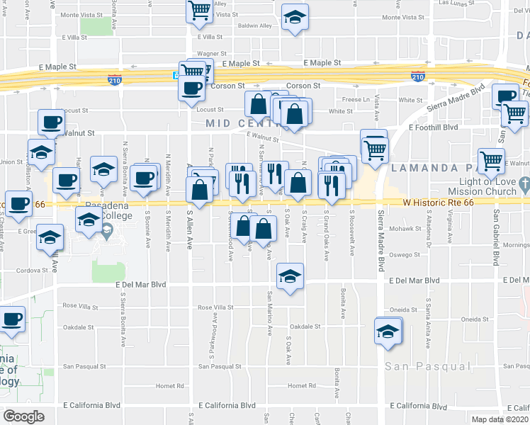 map of restaurants, bars, coffee shops, grocery stores, and more near 2044 East Colorado Boulevard in Pasadena