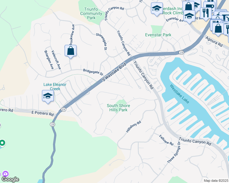 map of restaurants, bars, coffee shops, grocery stores, and more near 2069 Channelford Road in Westlake Village