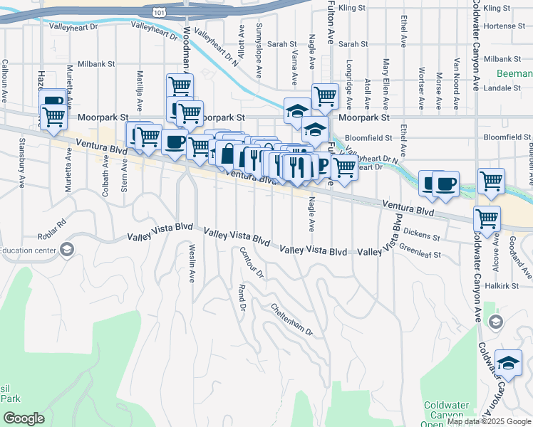 map of restaurants, bars, coffee shops, grocery stores, and more near 4169 Greenbush Avenue in Los Angeles