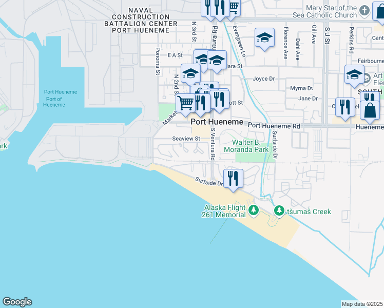 map of restaurants, bars, coffee shops, grocery stores, and more near 263 South Ventura Road in Port Hueneme