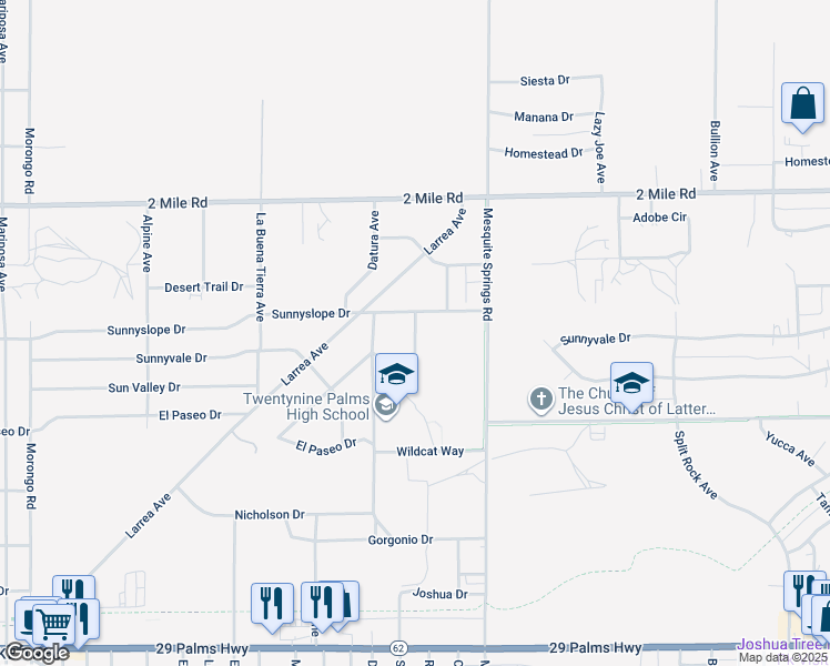 map of restaurants, bars, coffee shops, grocery stores, and more near 5971 Rose Ellen Avenue in Twentynine Palms