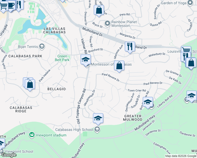 map of restaurants, bars, coffee shops, grocery stores, and more near 4250 Meadowlark Drive in Calabasas