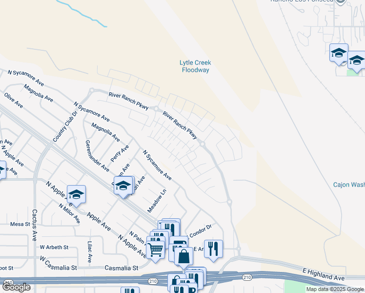 map of restaurants, bars, coffee shops, grocery stores, and more near 2456 Gunner Ridge Way in Rialto