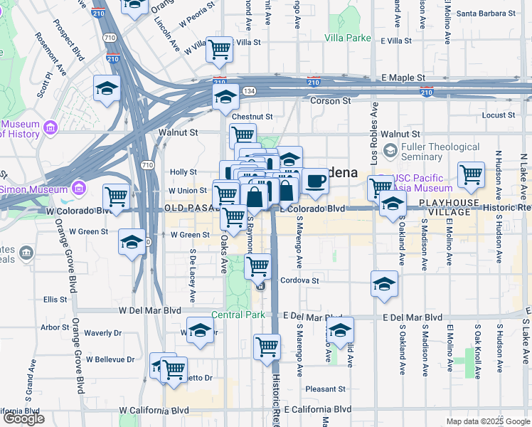map of restaurants, bars, coffee shops, grocery stores, and more near in Pasadena