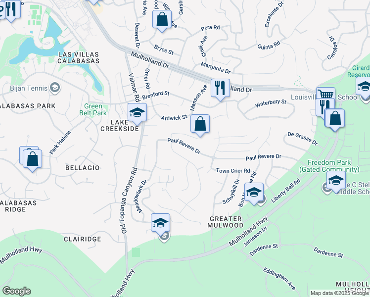 map of restaurants, bars, coffee shops, grocery stores, and more near 22916 Paul Revere Drive in Calabasas
