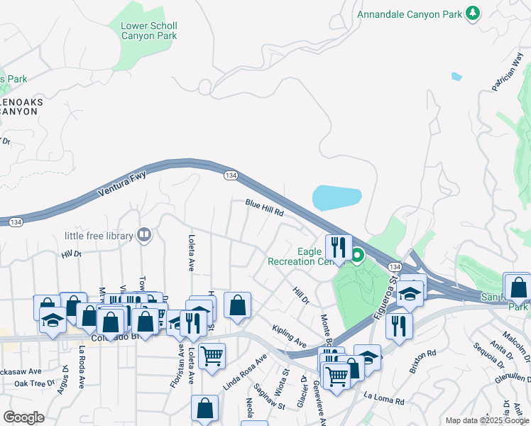map of restaurants, bars, coffee shops, grocery stores, and more near 1142 Arbor Dell Road in Los Angeles
