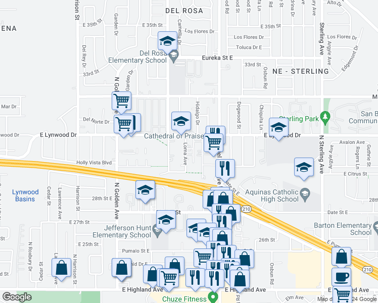 map of restaurants, bars, coffee shops, grocery stores, and more near 2981 Loma Avenue in San Bernardino
