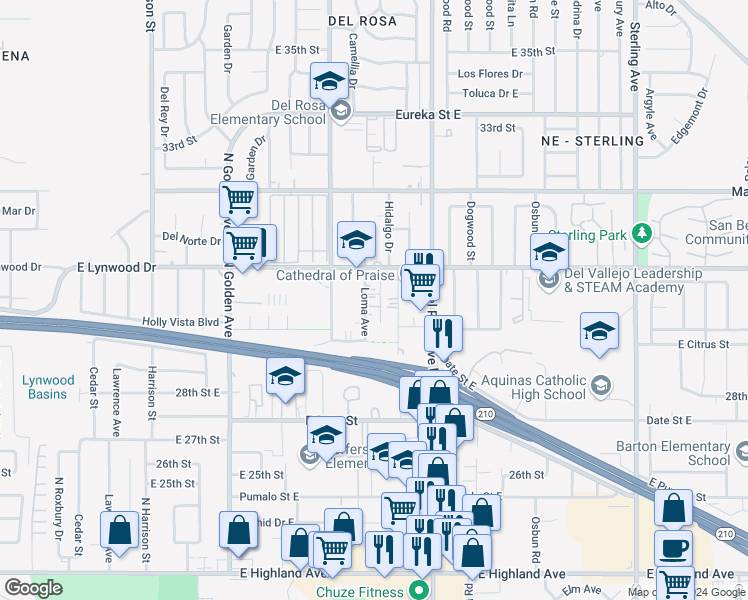 map of restaurants, bars, coffee shops, grocery stores, and more near 2981 Loma Avenue in San Bernardino