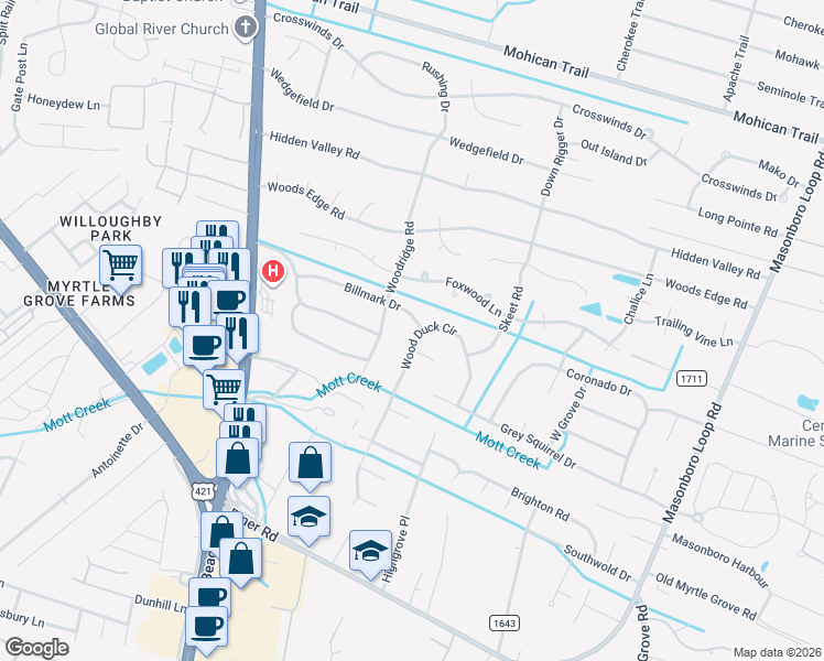 map of restaurants, bars, coffee shops, grocery stores, and more near 749 Billmark Dr in Wilmington